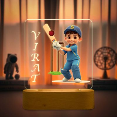 Personalized Cricket Theme LED Night Lamp with Warm White Light & Wooden Stand Gift for Cricket Lover, Boys & Girls Birthday Return Gift Lamp for Sports Fans